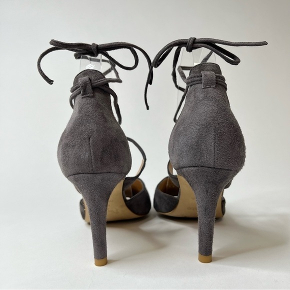 PERLATO Grey Suede Ankle Tie-up Sexy Pointed Toe Pumps Heels Shoes - Picture 3 of 12